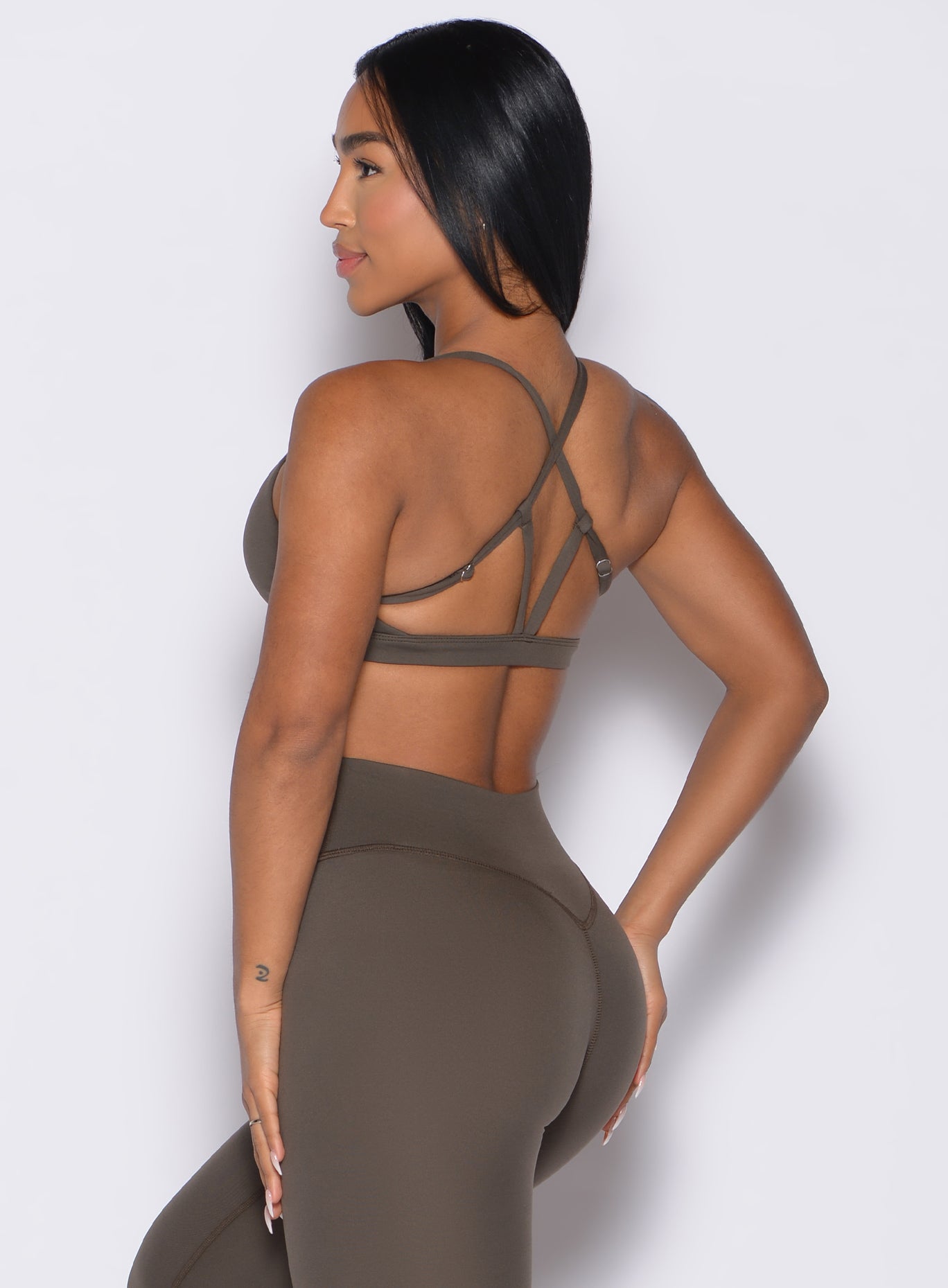 Winter Oak Passion Sports Bra with adjustable strappy back and high-impact gym support.