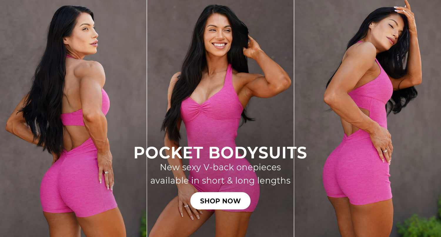 Back, Front, and Right side profile images of model wearing the BACKLESS POCKET BODYSUIT Shorts in Pink Glo