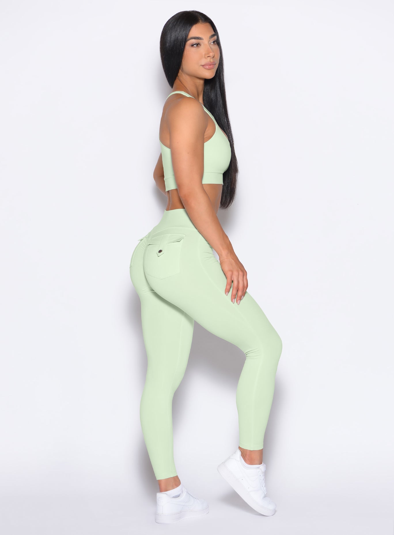 Cool Matcha Pocket Pop Leggings 2.0; high-waisted sculpting fit with signature back snap pockets.