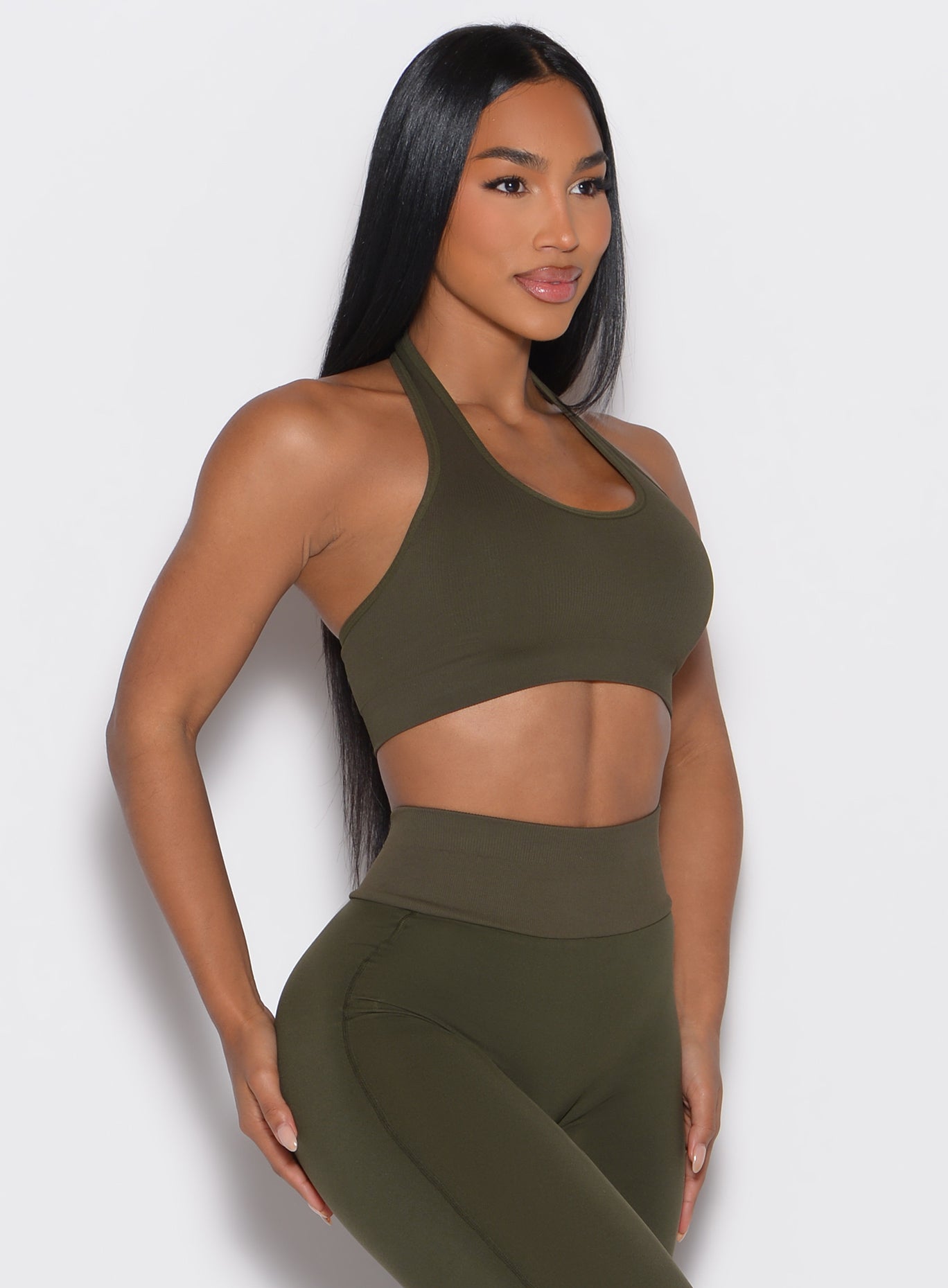 Forest Night Rib Backless Bra with a sculpting ribbed texture, ideal for high-performance training.