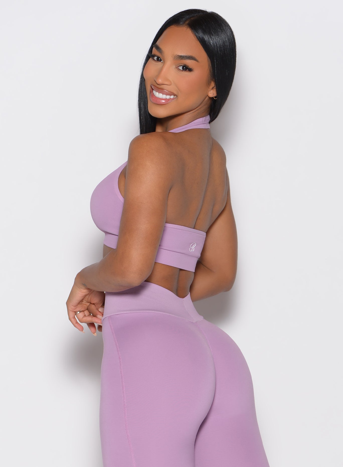 Smokey Grape Rib Backless Bra featuring a seamless ribbed texture and sculpting athletic fit.