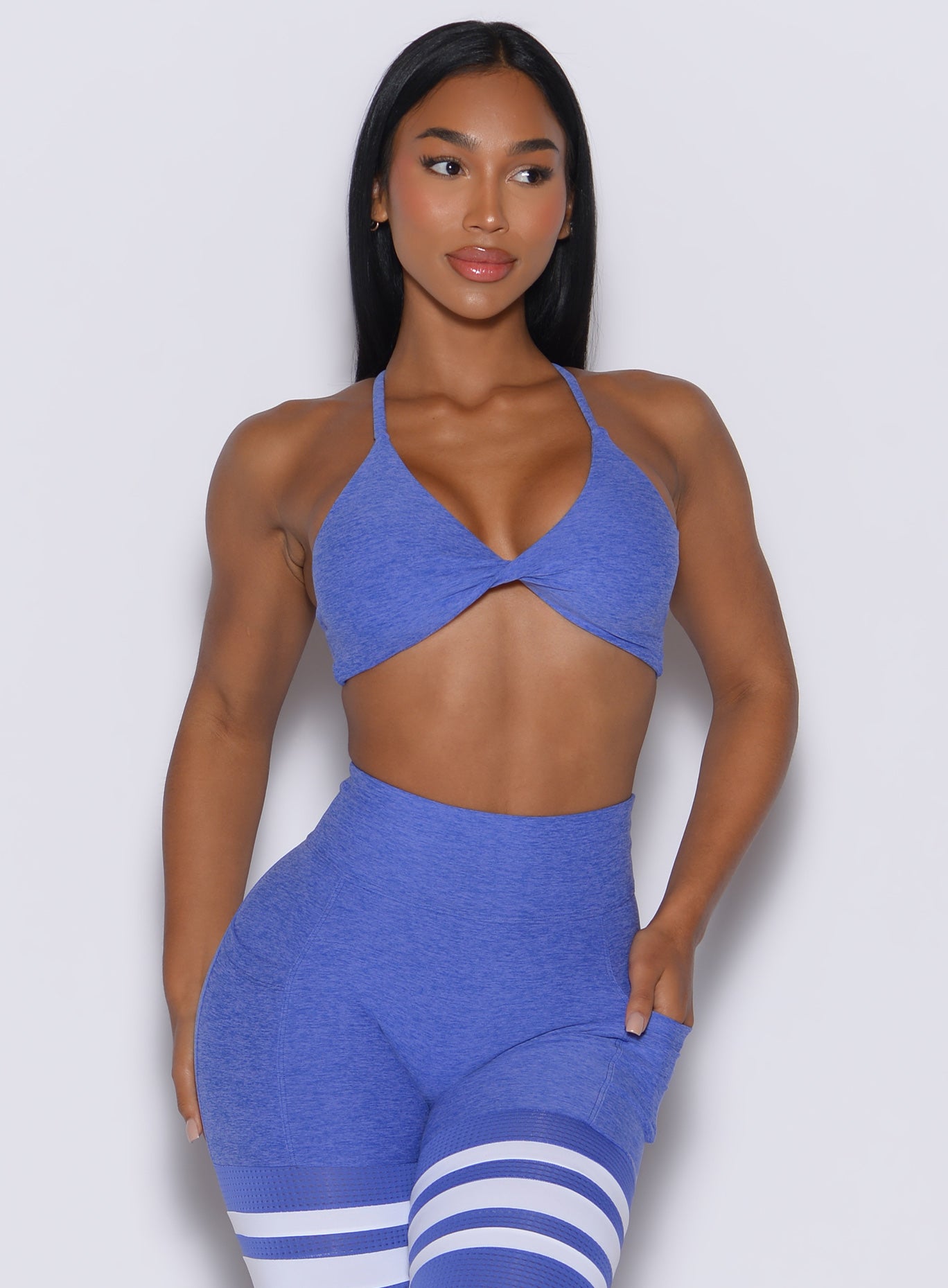 Violet Blue Twist Mini Bra with a push-up fit and racerback for high-intensity gym sets.