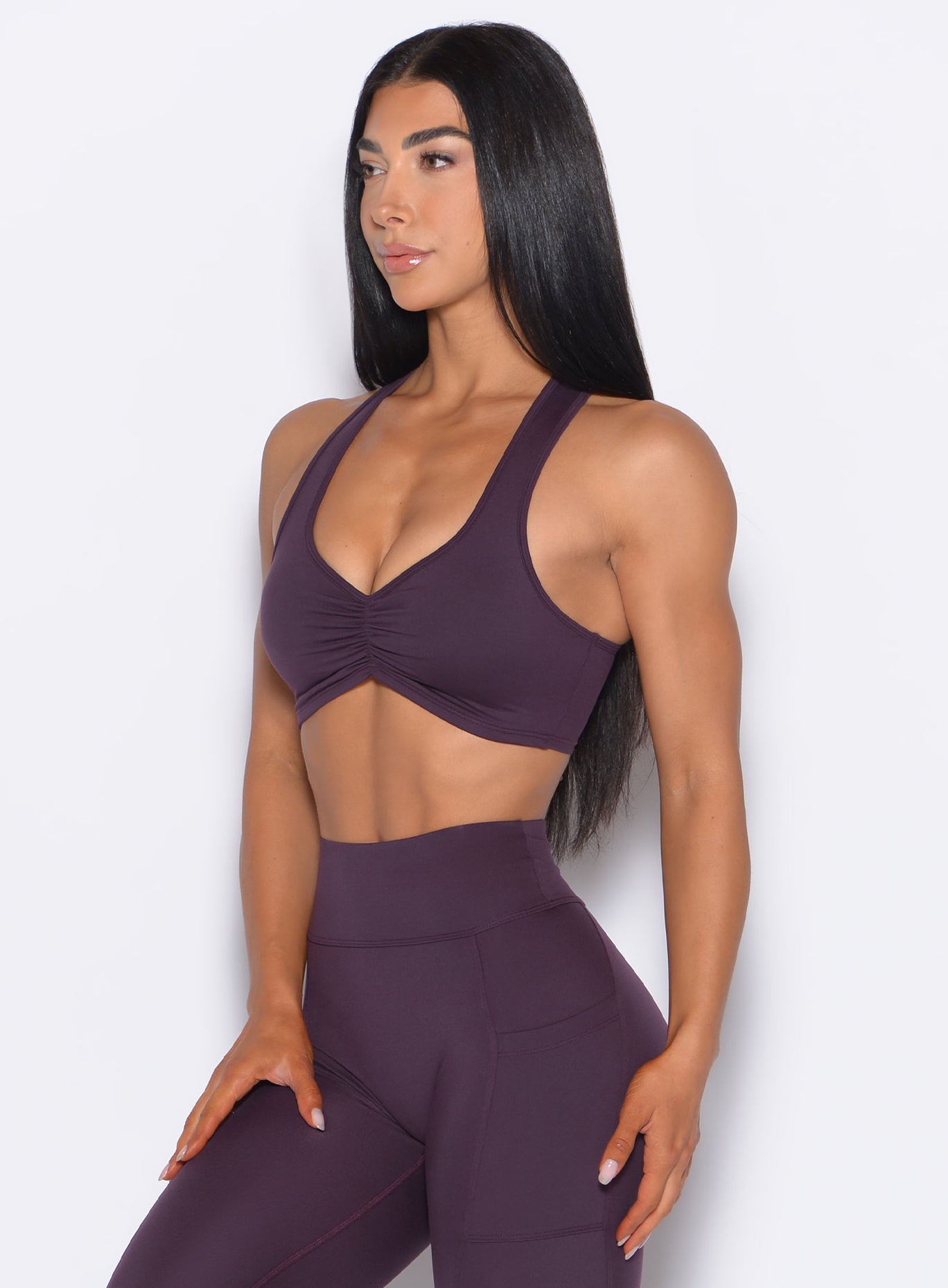 Plum Noir Scrunch Tank Bra: ruched front and racerback design for a sculpting, medium support fit.