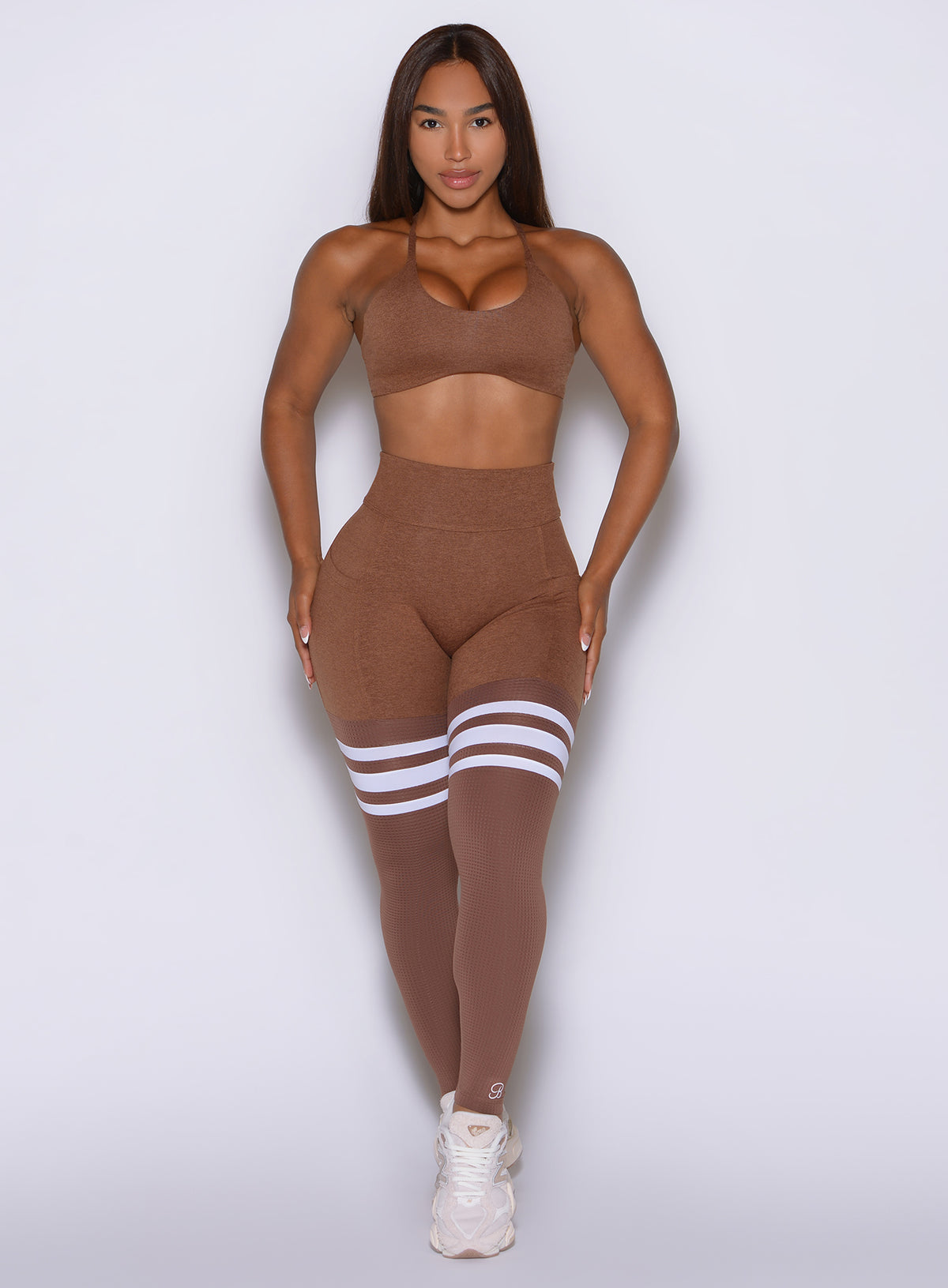 Coffee Bean Scrunch Thigh-Highs showing front seamless design and wide high waistband.