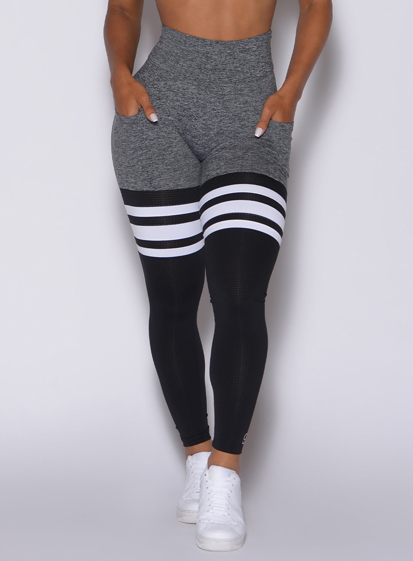 Grey Heather Scrunch Thigh-Highs with high-waisted sculpting fit and breathable mesh panels.