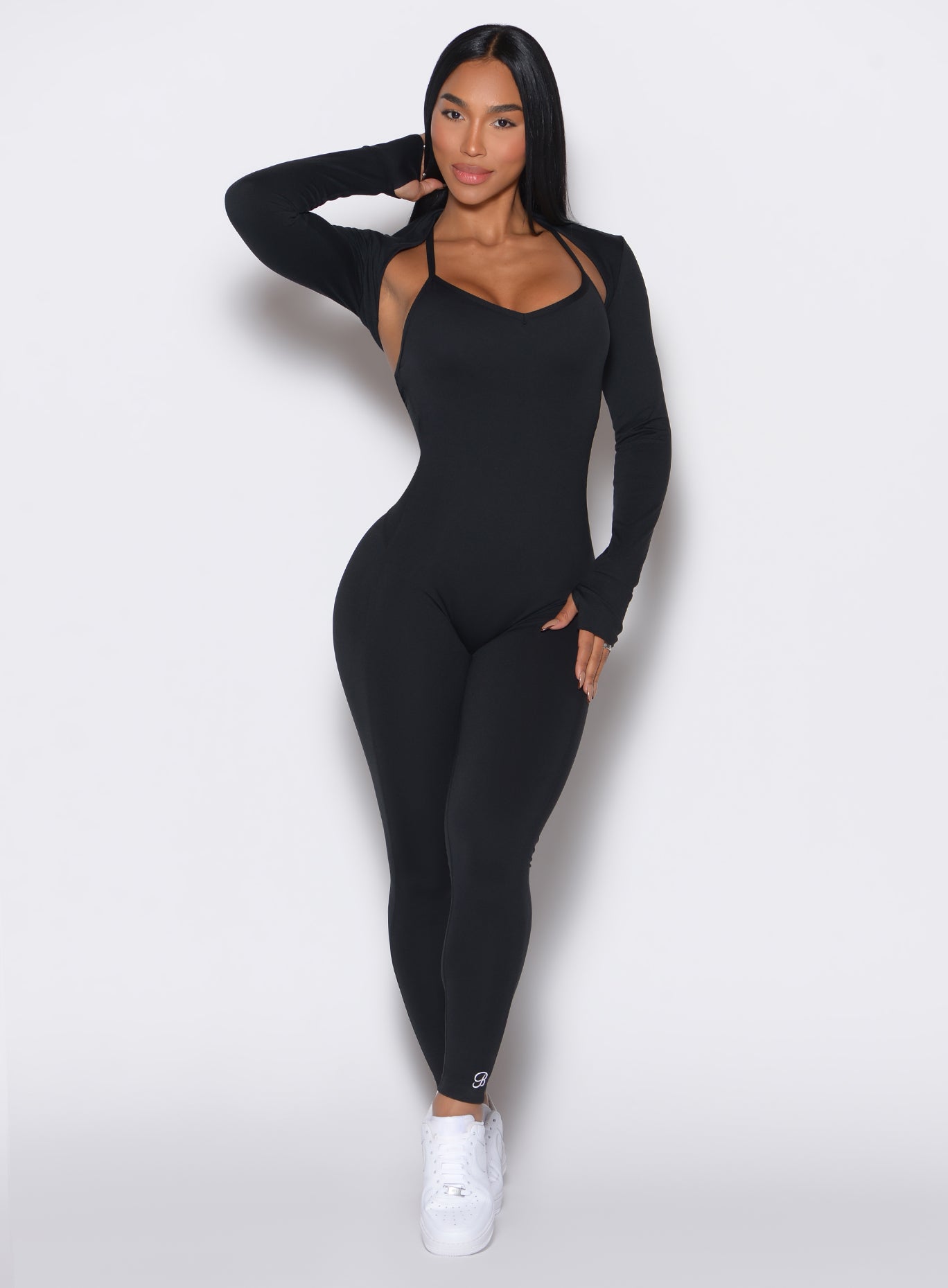 Black Shape Shrug with thumbholes and buttery soft fabric for stylish gym layering.