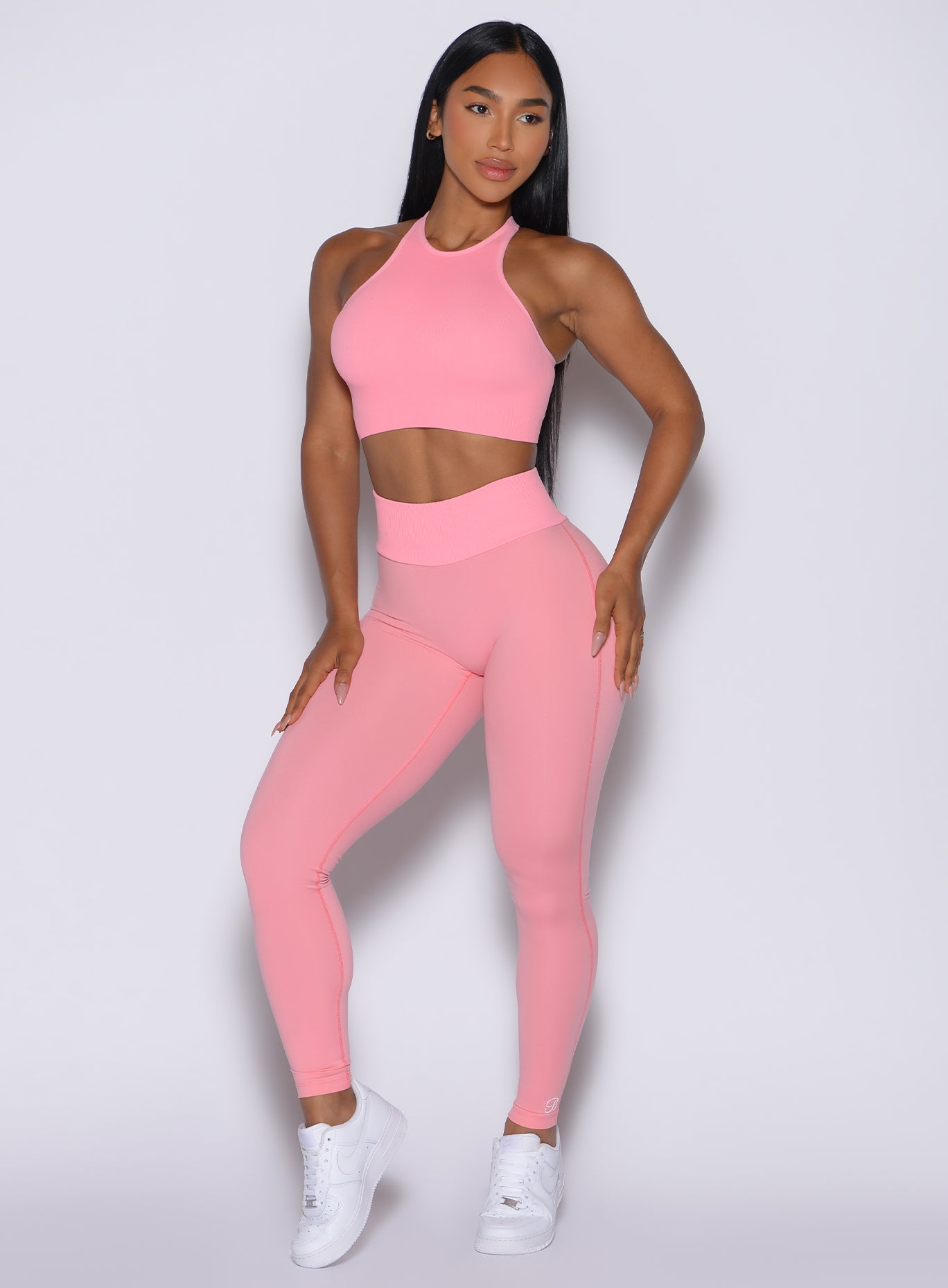 Peach Burst Figure Scrunch Leggings; seamless ribbed waist and body contour for elite gym gains.