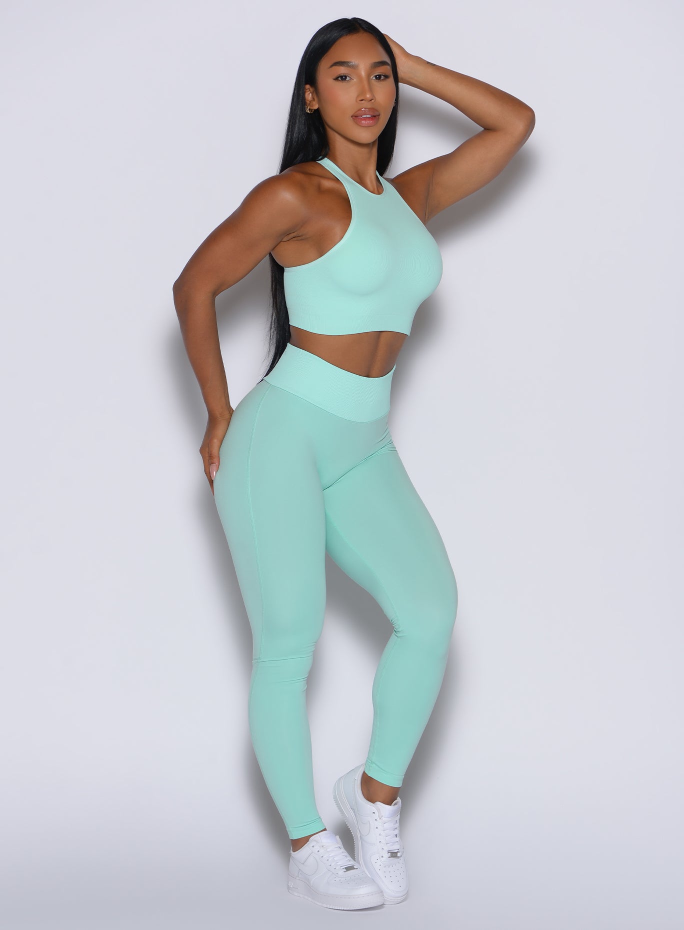 Spring Mint Figure Scrunch Leggings with a snatching ribbed waistband for ultimate gym support.