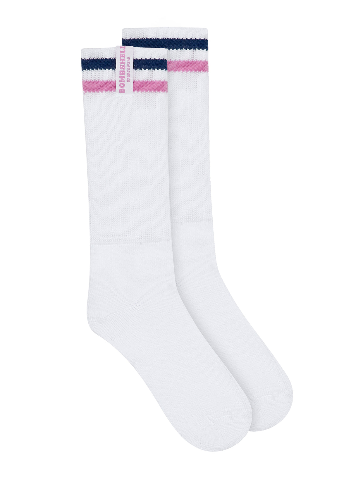 Pair of white Bombshell Sportswear slouch socks with Pink Punch and navy stripes flat studio view.