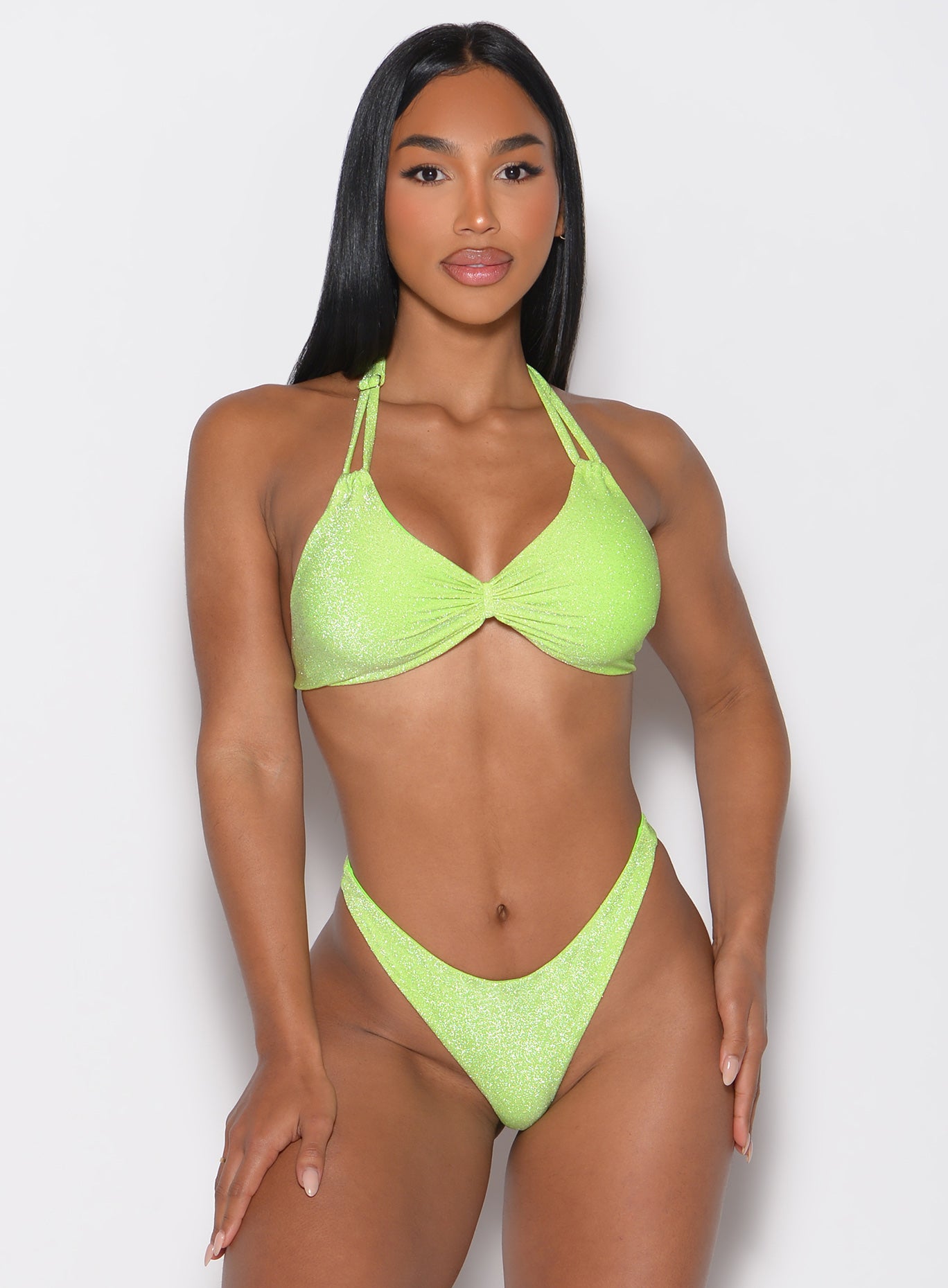 Electric Lime Sunkissed Sparkle Bikini Top with a flattering deep V-front for poolside glamour.