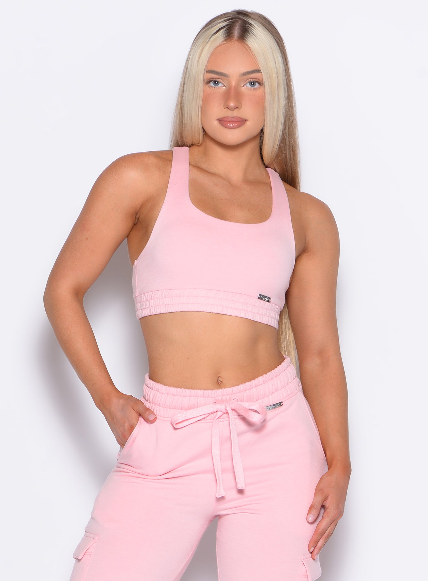 Tickled Pink Sweat Lounge Bra paired with joggers for a cozy yet performance-ready recovery set.
