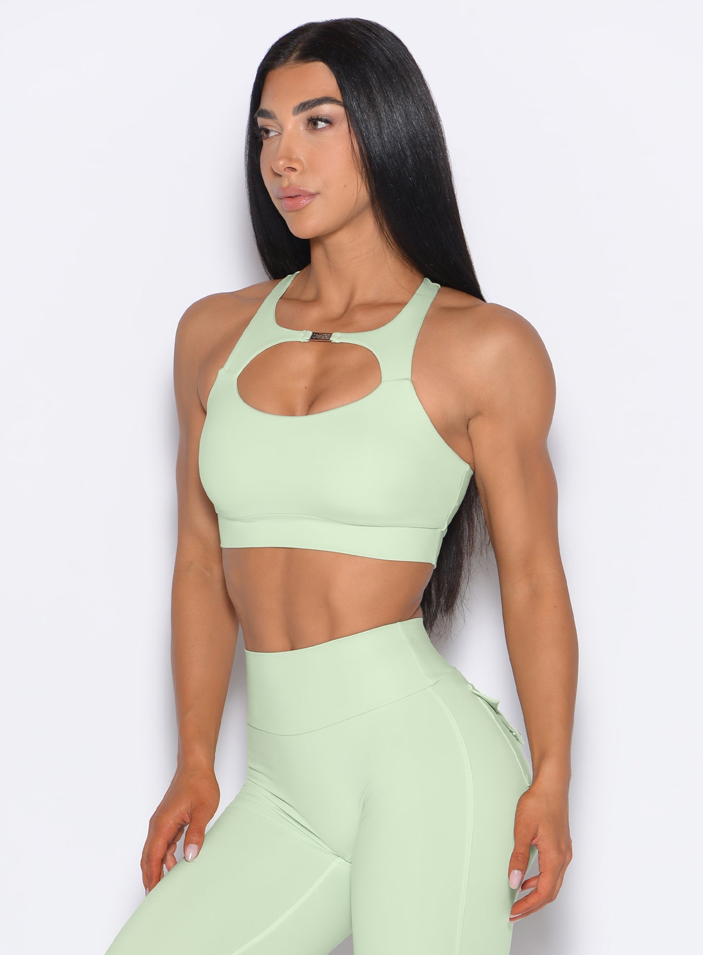 Supportive Cool Matcha Two Way Bra; versatile performance top designed for high-impact fitness.
