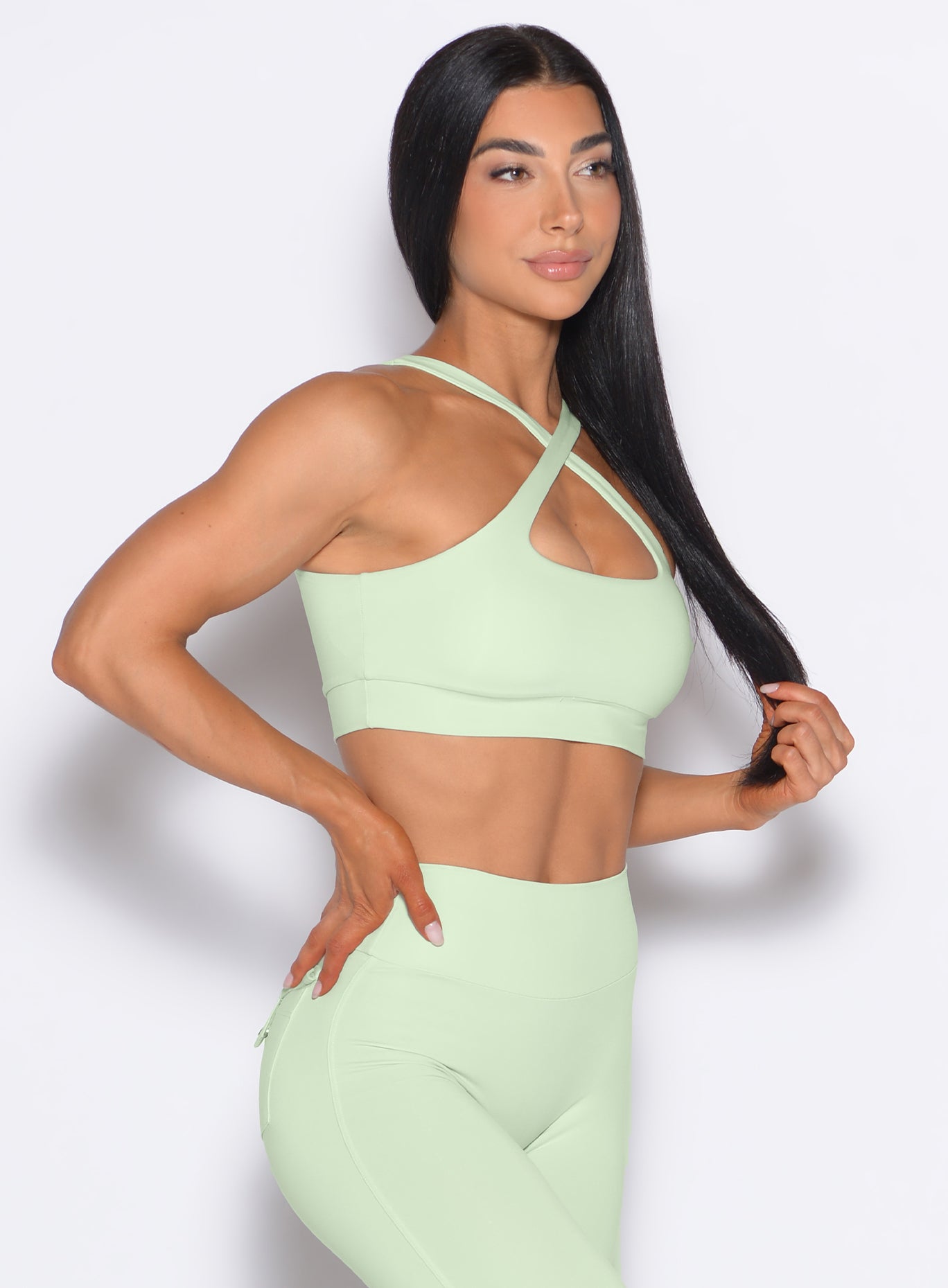 Versatile Cool Matcha Two Way Bra with keyhole or crisscross straps for customized gym support.
