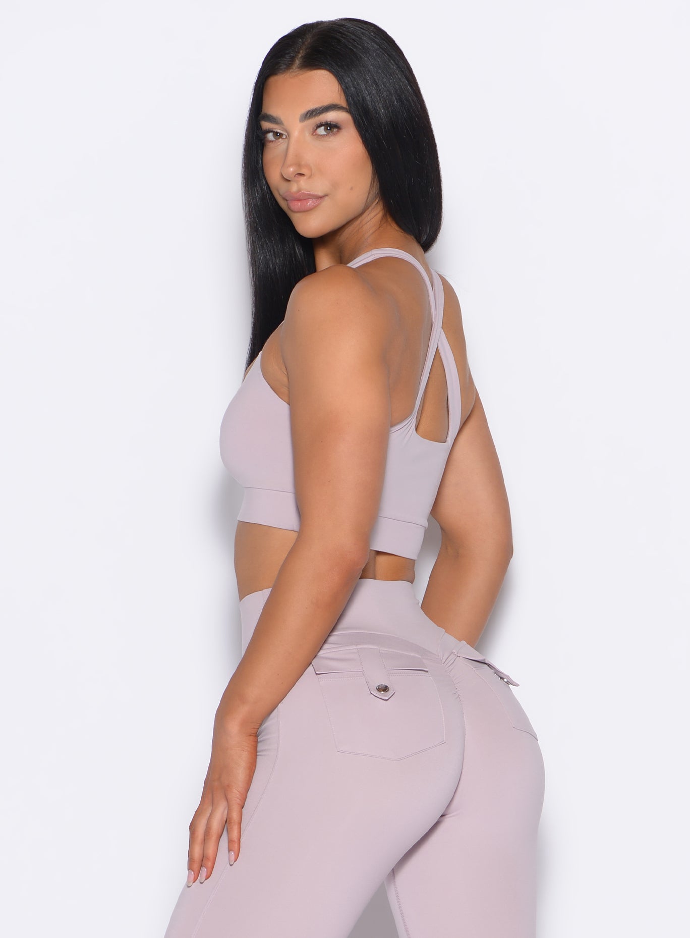 Violet Ice Two Way Bra featuring a versatile racerback and supportive fit for yoga or training.