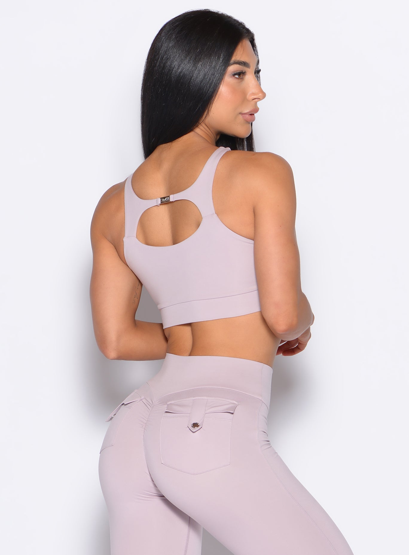 Violet Ice Two Way Bra with an open strappy back, designed for versatile gym-to-street styling.