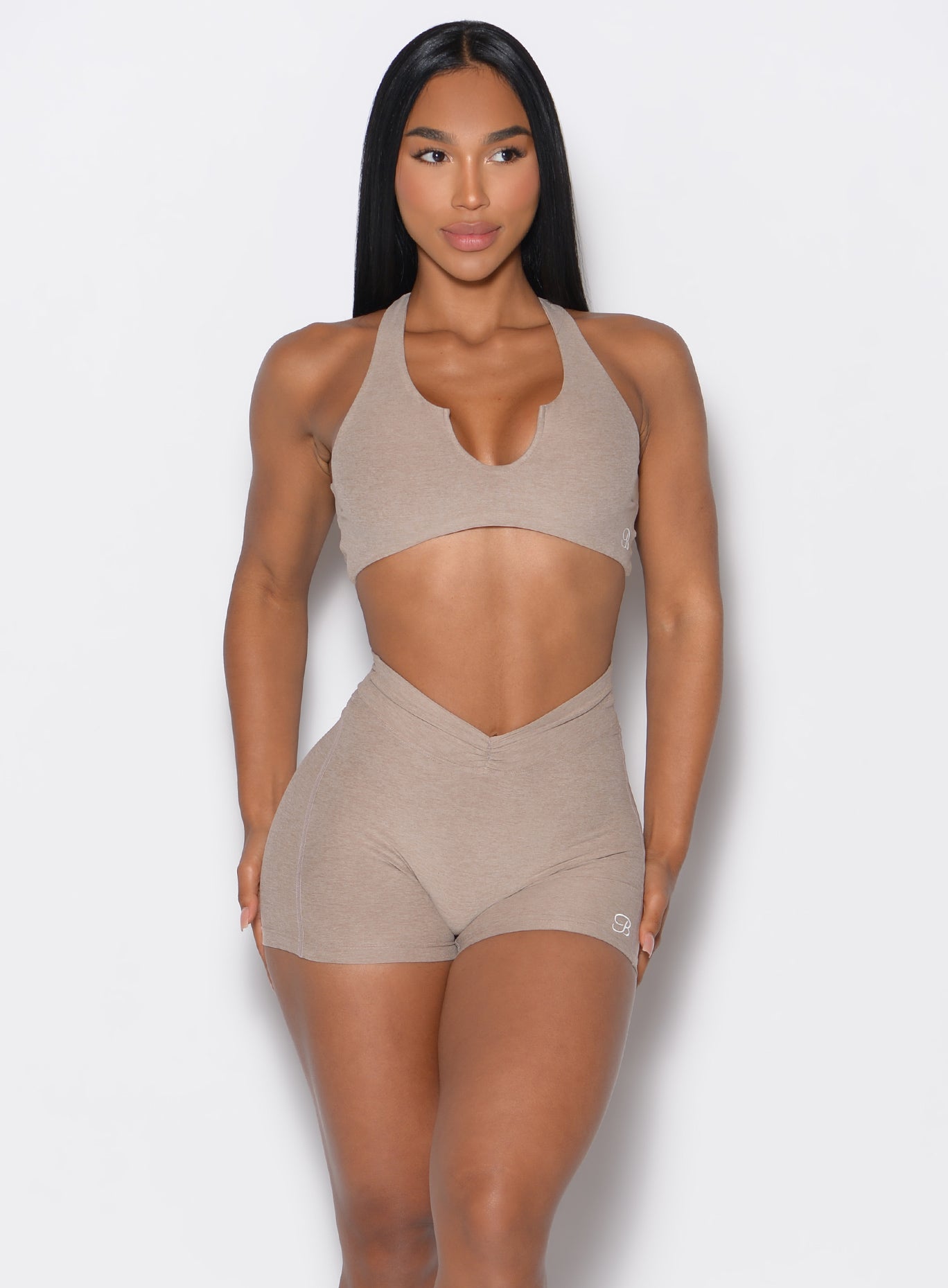 Desert Taupe V Active Shorts featuring a V-front scrunch waistband for a sculpting workout fit.