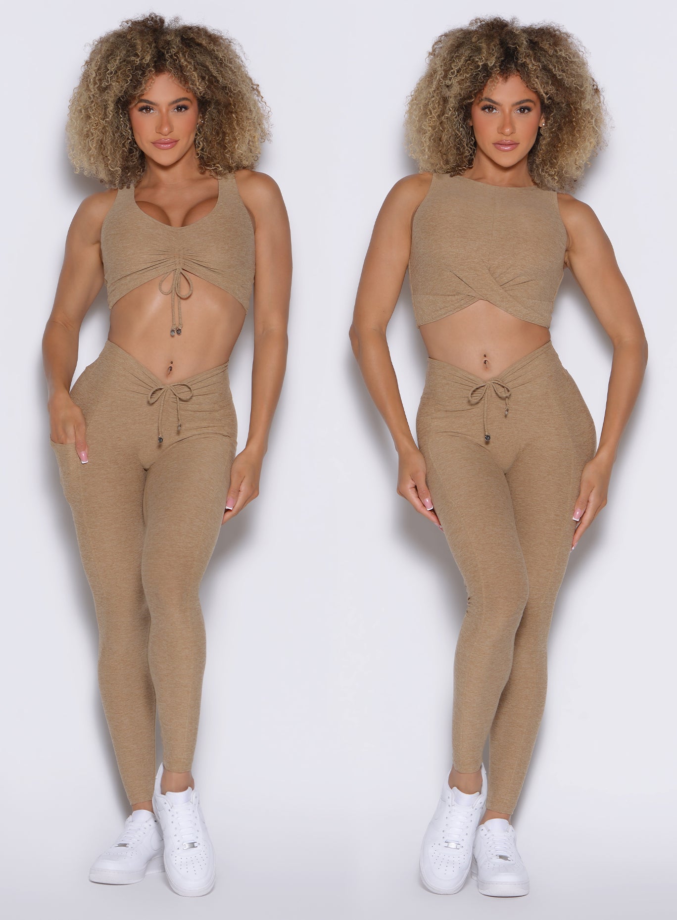 front profile view of a model showcasing the two way wearing option of the Two Cute Tank Bra in sandstone color