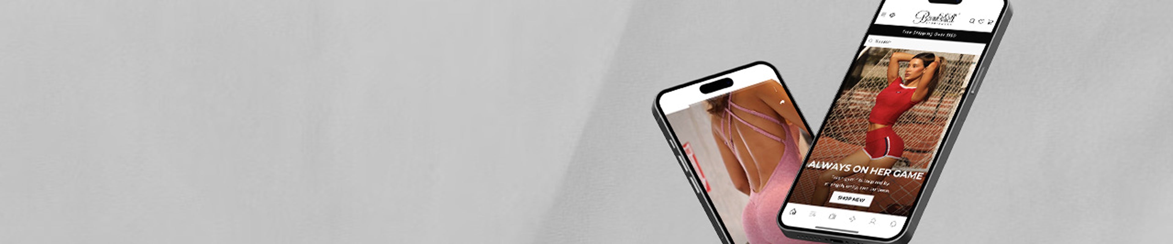 Bombshell Sportswear app interface displaying the "Always On Her Game"