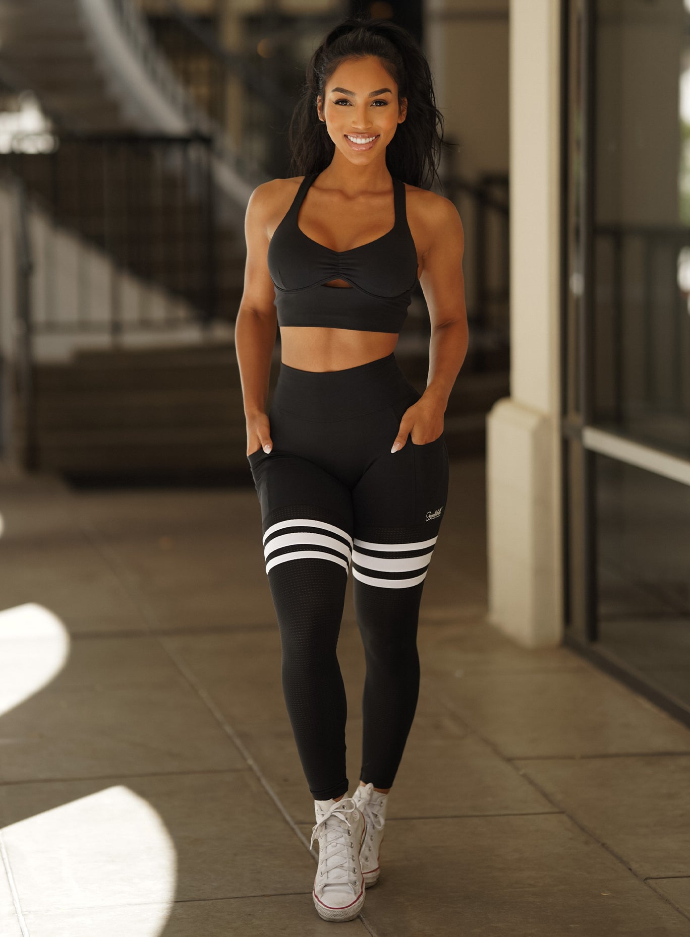 Midnight Perform Thigh Highs with sculpting mesh panels and high-waist gym support.