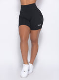 Zoomed in front view of our pocket biker shorts in black