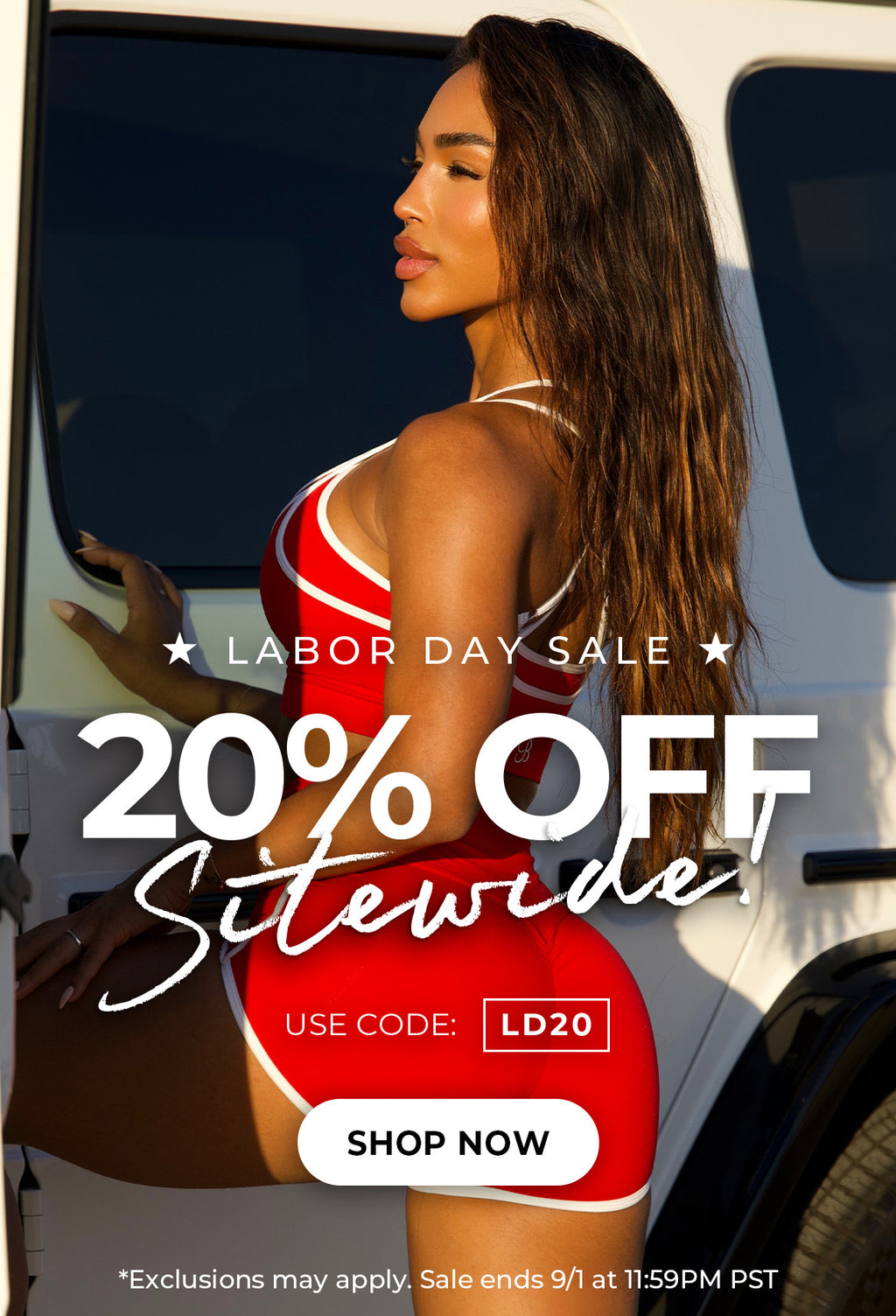 Model in red athletic wear set. Text reads: 'LABOR DAY SALE 20% off Sitewide use code: LD20.' CTA 'SHOP NOW'