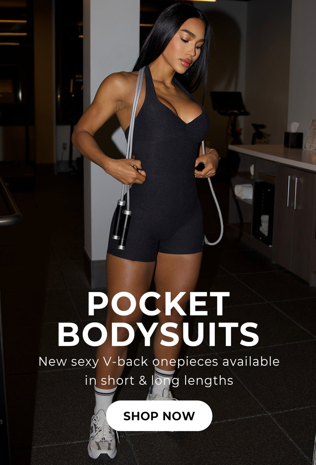 Front profile image of model wearing the BACKLESS POCKET BODYSUIT Shorts in Black