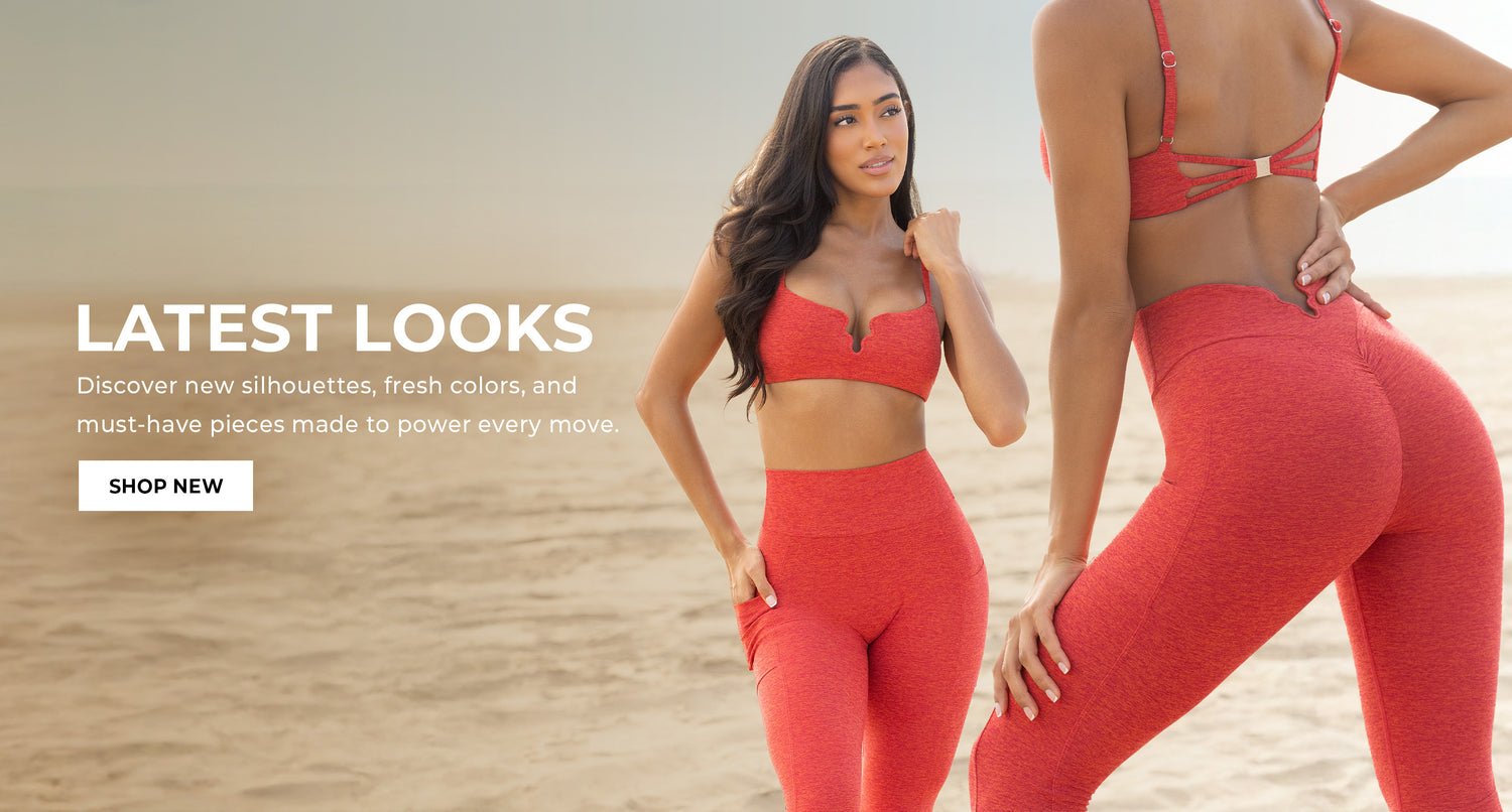 Model in orange sports bra and matching leggings with wave wire details. Text overlay reads: 'Latest Looks, Discover new silhouettes, fresh colors, and must-have pieces made to power every move.' CTA reads: 'SHOP NEW'
