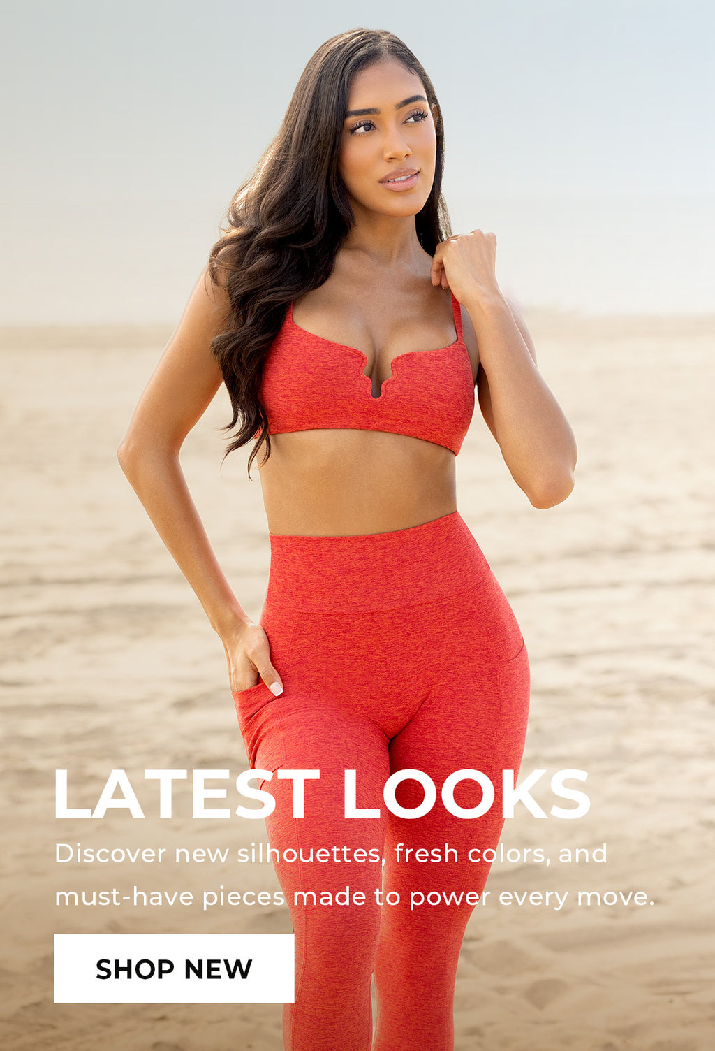 Model in orange sports bra and matching leggings with wave wire details. Text overlay reads: 'Latest Looks, Discover new silhouettes, fresh colors, and must-have pieces made to power every move.' CTA reads: 'SHOP NEW'