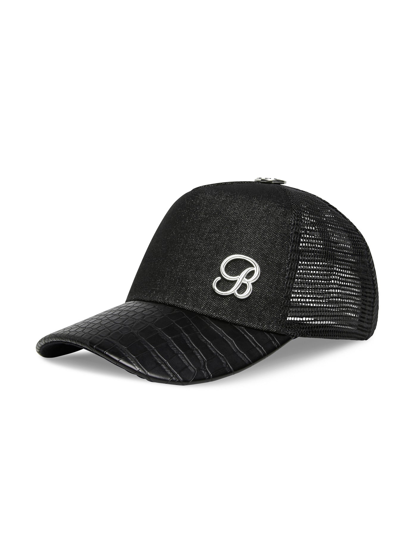 Black Denim Crocodile Hat featuring a textured PU leather brim and breathable mesh back panels.