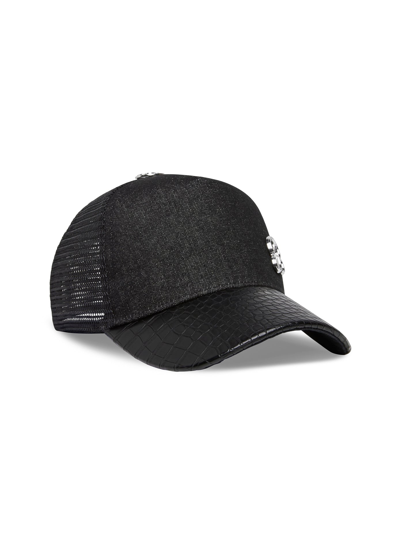 Black Denim Crocodile Hat featuring a textured brim and snapback for edgy gym-to-street style.