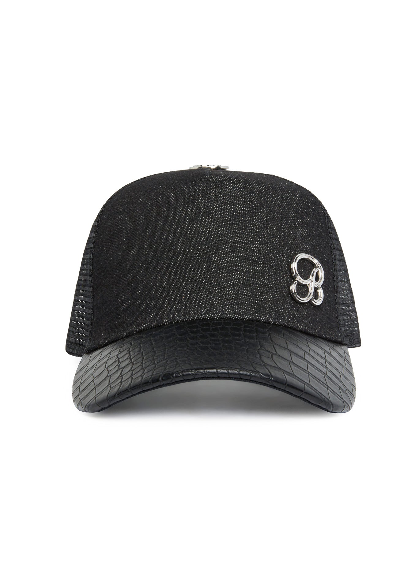 Black Denim Crocodile Hat with textured leather brim and gunmetal logo for an edgy gym look.