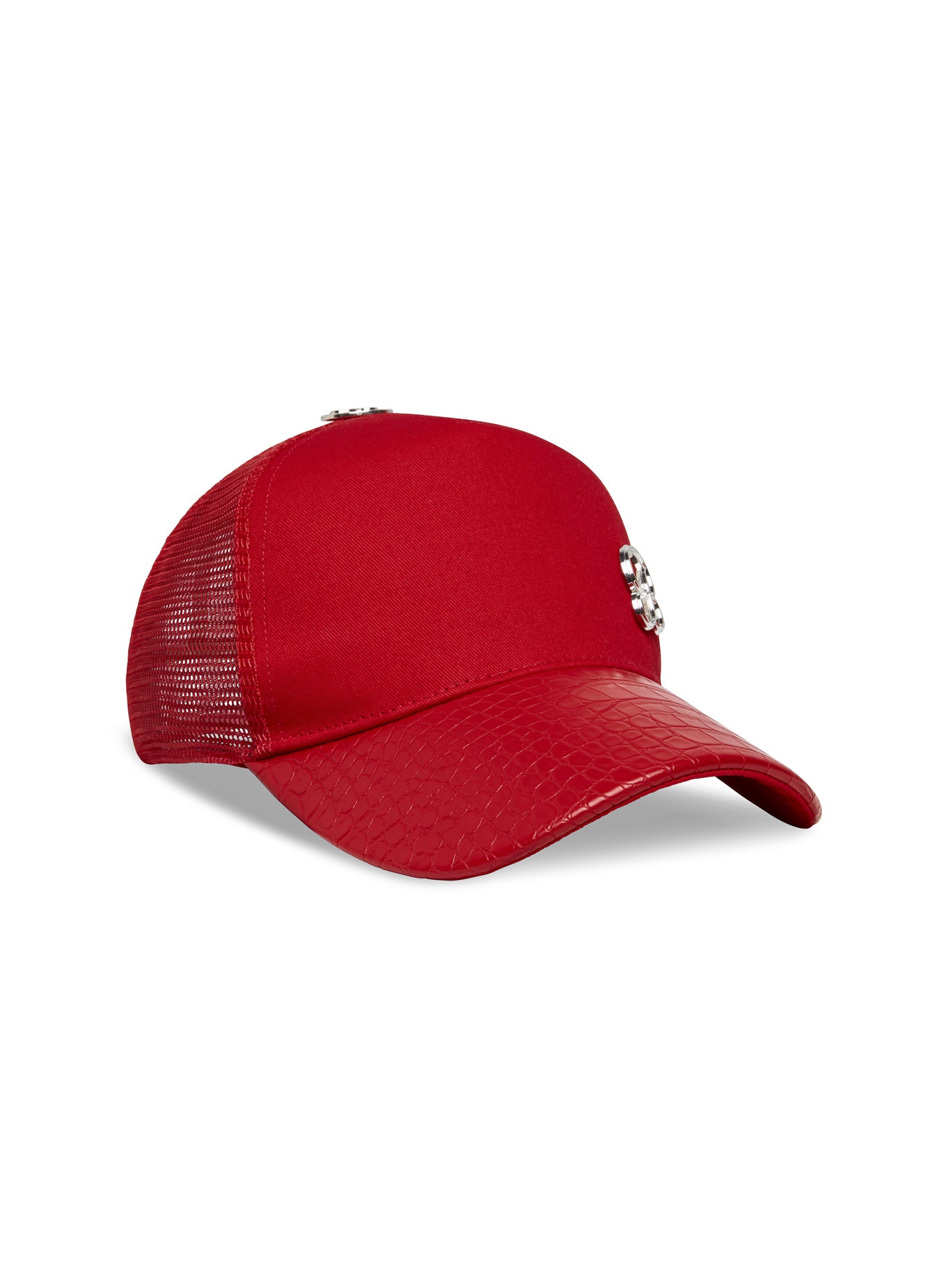 Red Denim Crocodile Hat with textured PU leather brim and breathable mesh back for gym style.