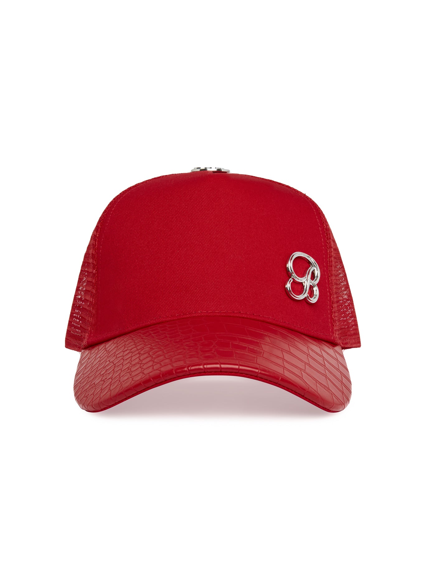 Red Denim Crocodile Hat with a textured leather brim and gunmetal logo; a bold, edgy gym essential.
