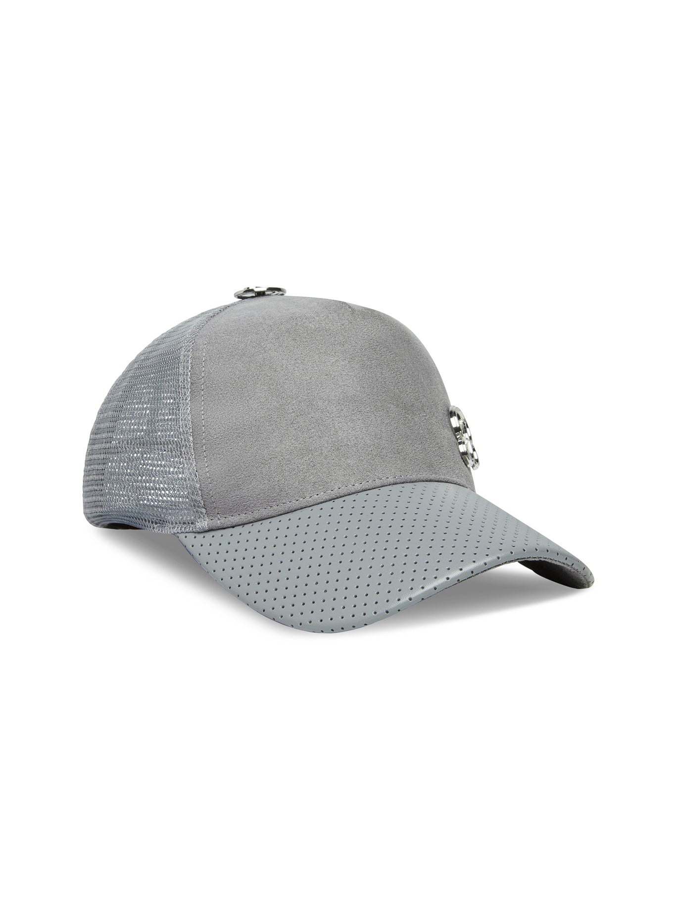Grey Perforated Suede Hat with breathable mesh back and adjustable snapback for gym styling.