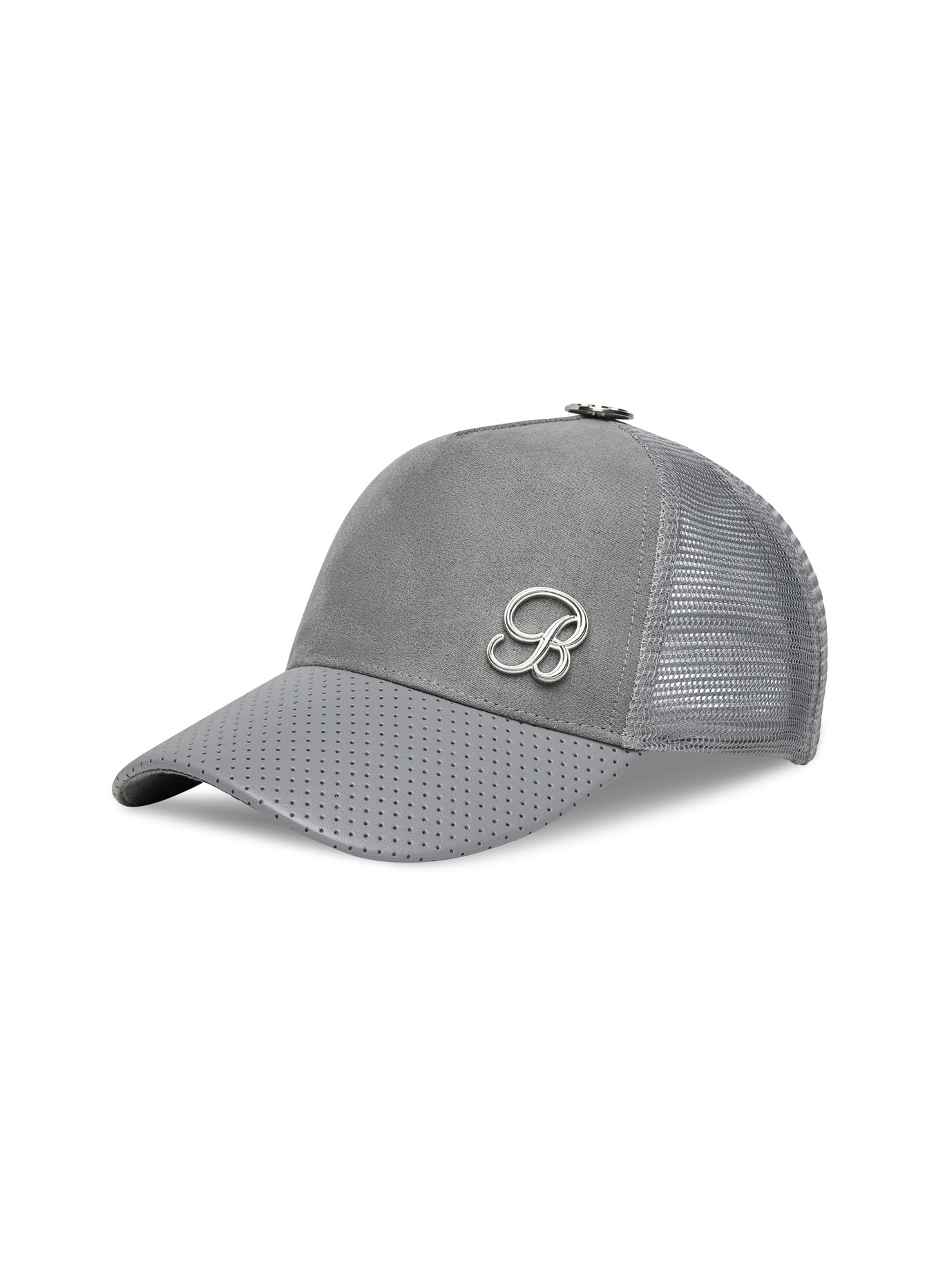 Grey Perforated Suede Hat featuring breathable mesh back and adjustable snapback closure.