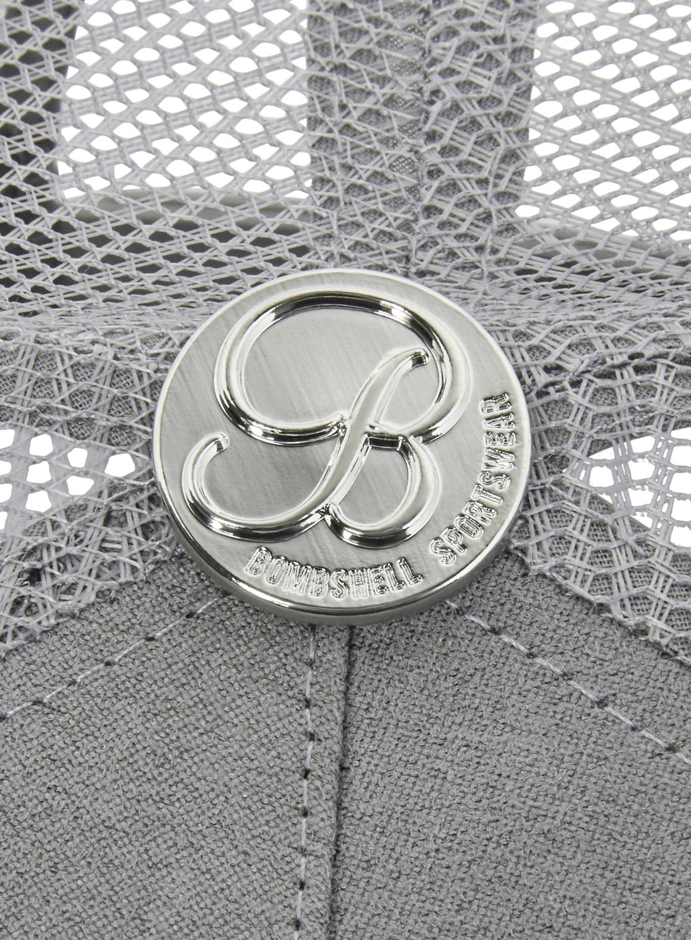 Polished silver Bombshell logo detail on the grey Perforated Suede Hat for a premium gym look.