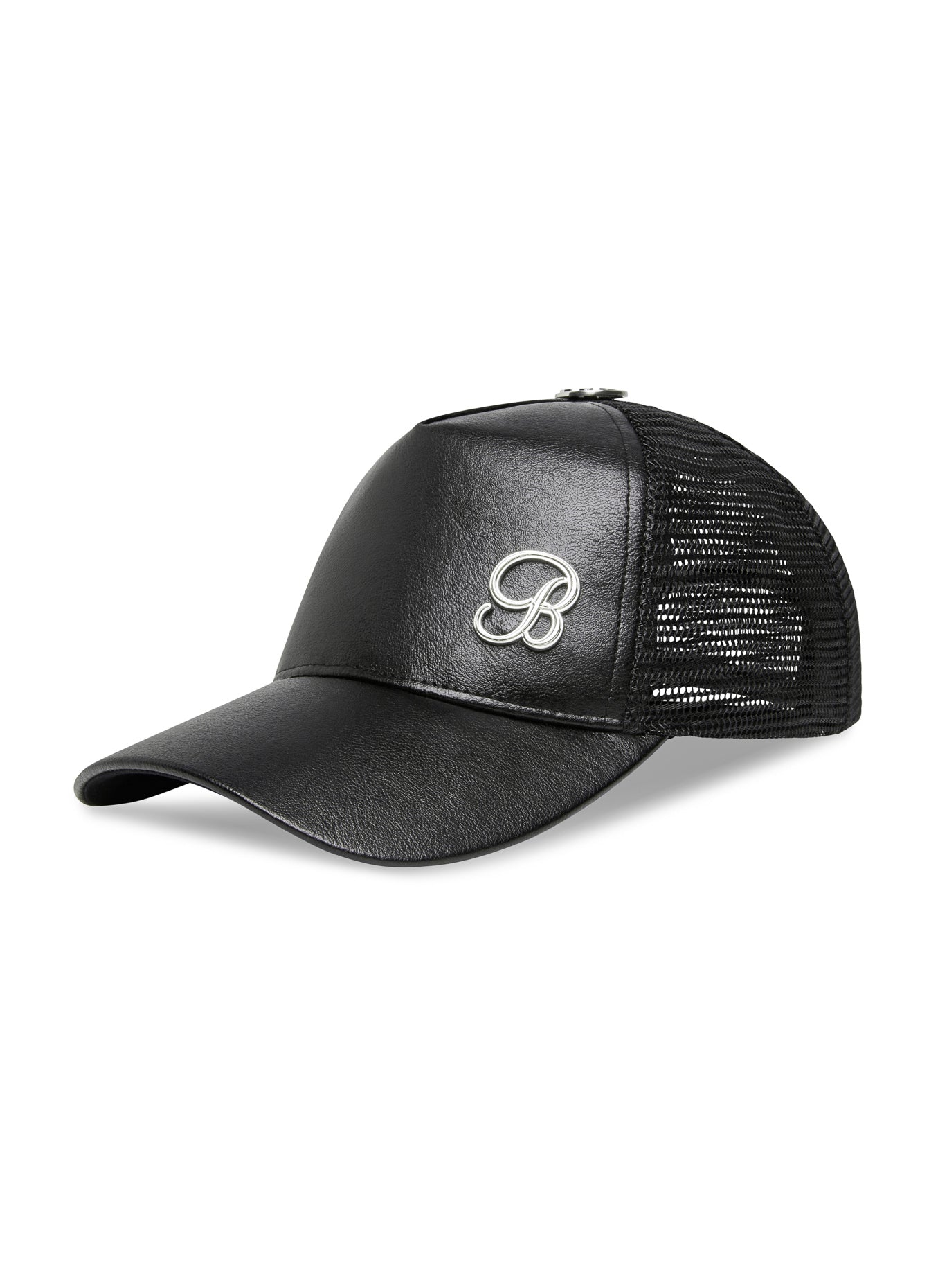 Side profile of the black Faux Leather Hat featuring a mesh back and structured fit.