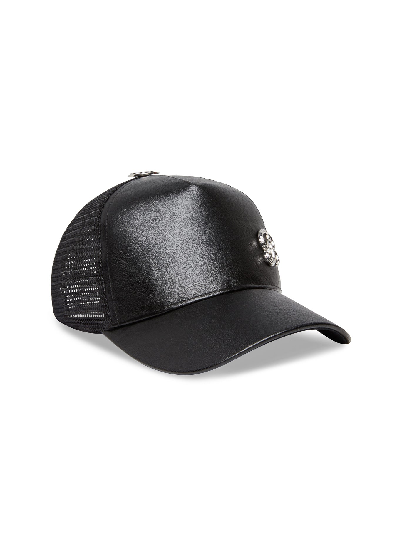 Side profile of the black Faux Leather Hat featuring mesh panels and a structured crown fit.