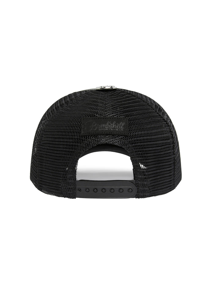 back view of our black faux leather hat