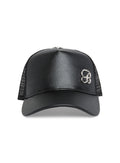front view of our black faux leather hat