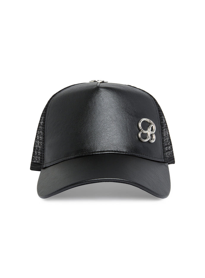 front view of our black faux leather hat