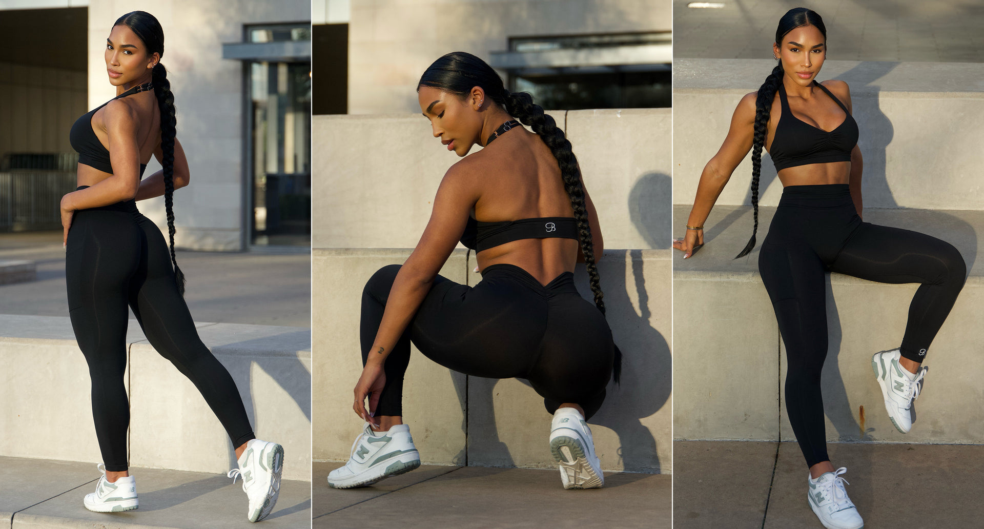 side, back and front view of female outdoors wearing the v back leggings and backless sports bra