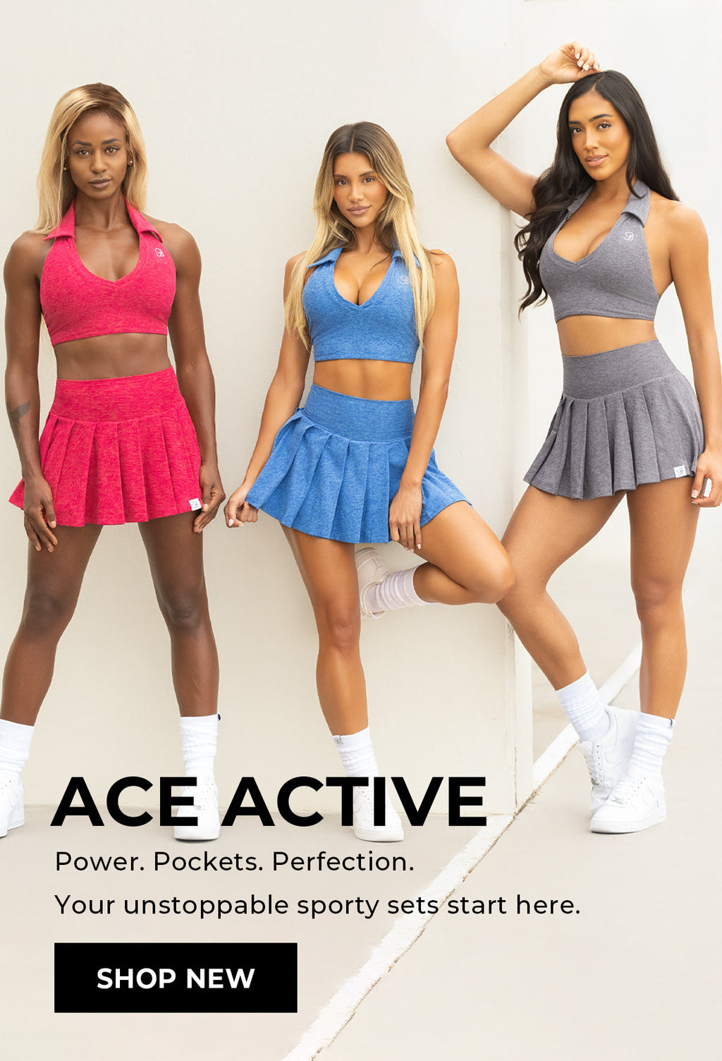Three women modeling athletic wear with 'ACE ACTIVE' branding on a beige background. Text overlay reads "Power. Pockets. Perfection. Your unstoppable sport sets start here." CTA "SHOP NOW"