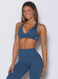Ace Bra in Lapis Blue front view with sculpting medium support, curved underbust lift and smooth sweat-wicking performance fit