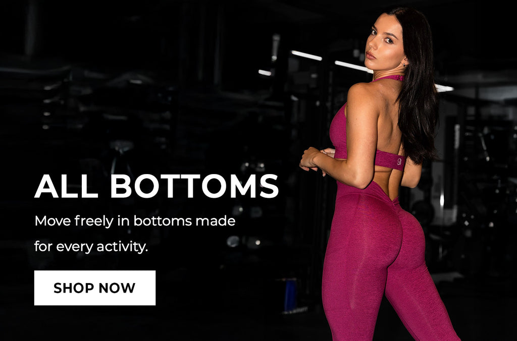 Woman in pink athletic set. Promotional text reads: "All Bottoms Move freely in bottoms made for every activity." CTA "SHOP NOW"