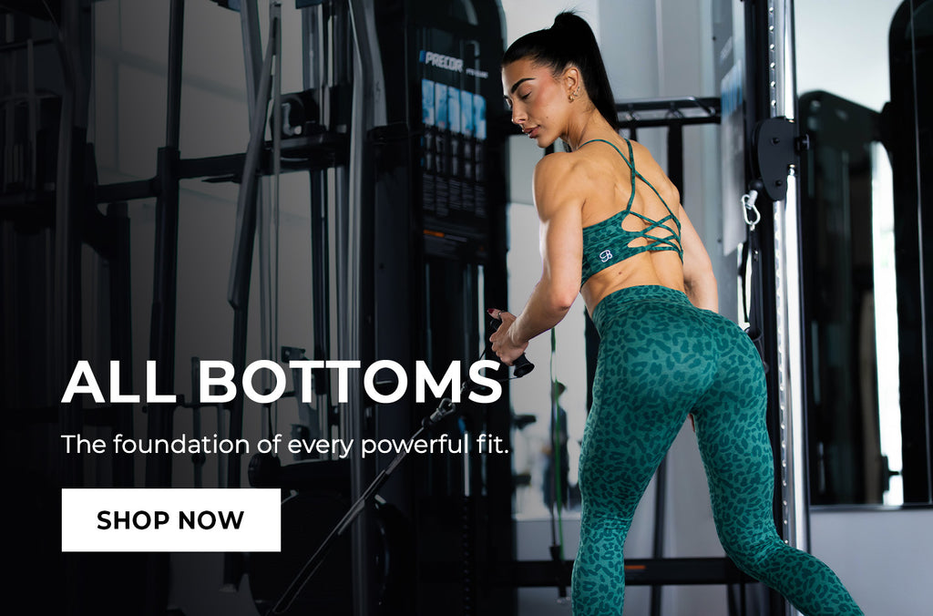 Woman working out in gym wearing green Cheetah print athletic wear with text about bottoms saying "ALL BOTTOMS the foundation of every powerful fit SHOP NOW"