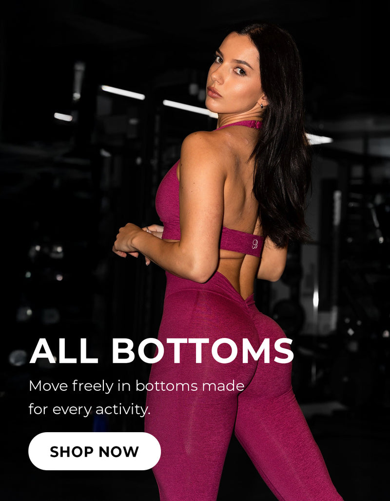 Woman in pink athletic set. Promotional text reads: "All Bottoms Move freely in bottoms made for every activity." CTA "SHOP NOW"