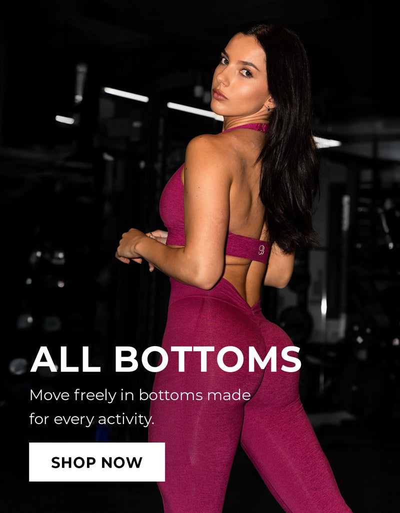 Woman in pink athletic set. Promotional text reads: "All Bottoms Move freely in bottoms made for every activity." CTA "SHOP NOW"