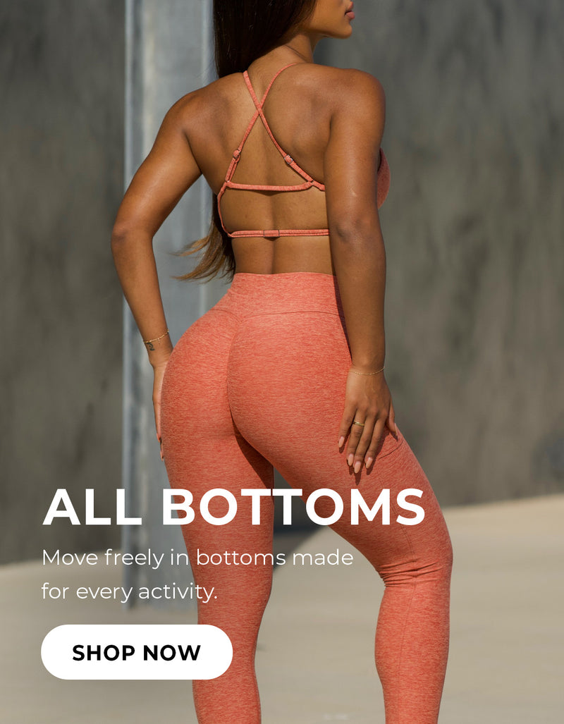 Text reads "ALL BOTTOMS Move freely in bottoms made for every activity" "SHOP NOW" Image of a model wearing an orange sports bra and leggings with text promoting athletic wear.