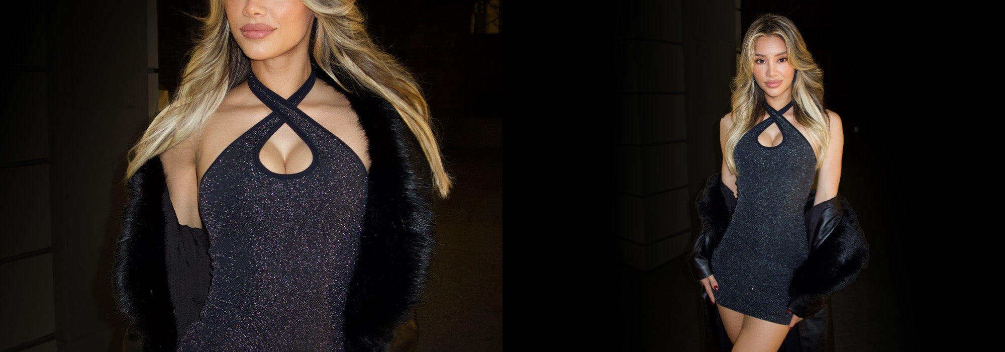 Woman in a black sparkly dress with cut-out design and black leather jacket against a dark background.